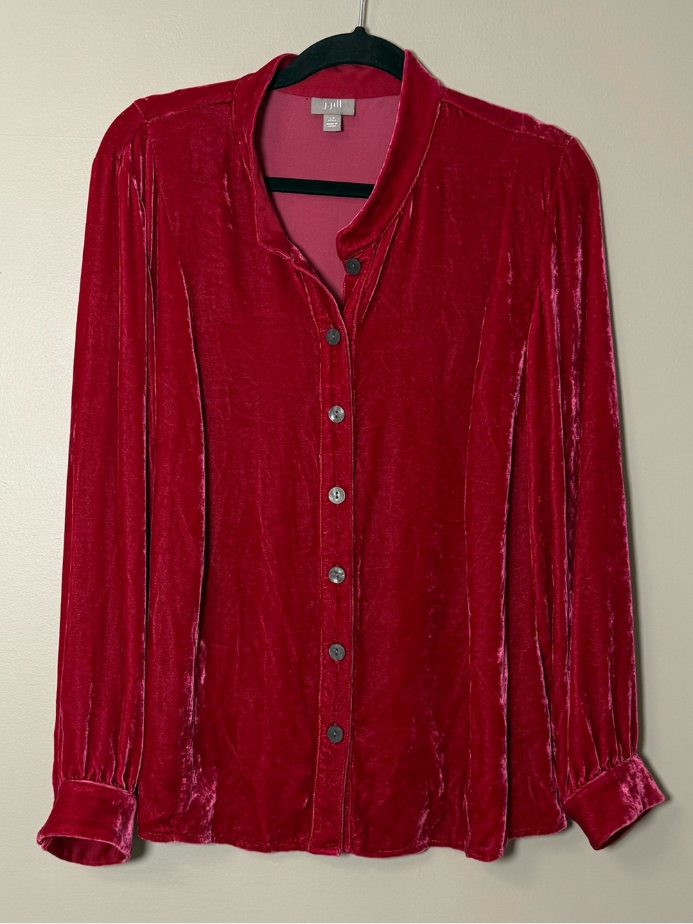 J. Jill Women PL Petite Red Velvet Long Sleeve Button-Up Blouse